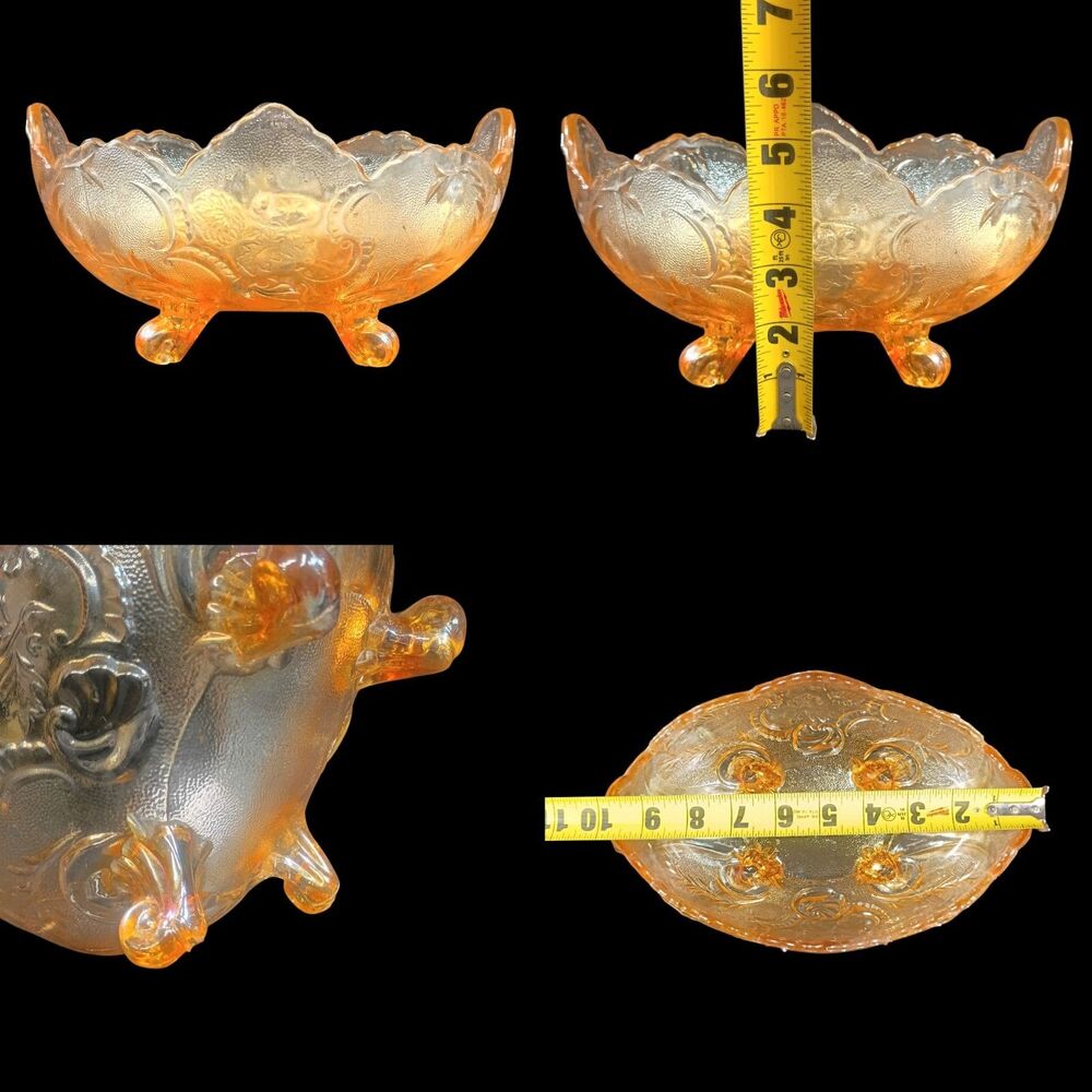 Vtg Jeannette Marigold Carnival Glass Lombardi Footed Fruit Bowl Oval 1960s 10”